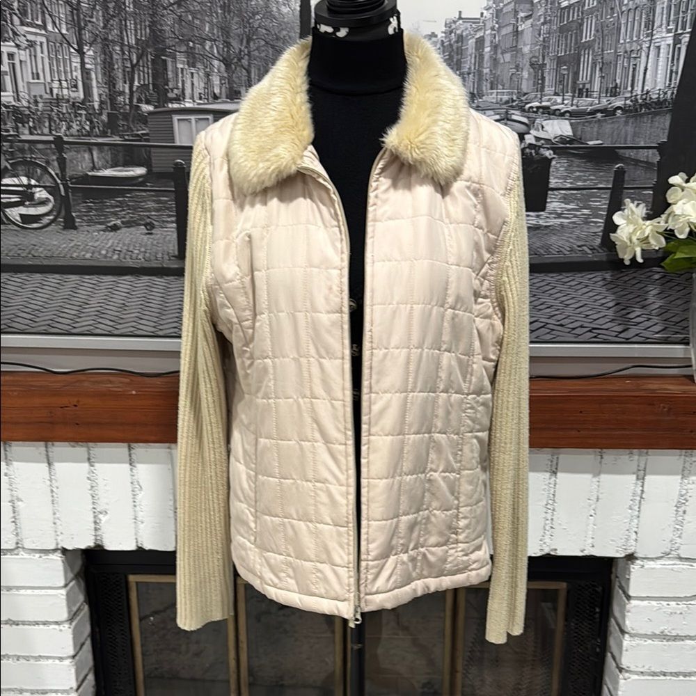 Carolyn Taylor Jacket XL Beige Ivory Cream Light Quilted Puffer with Faux Fur